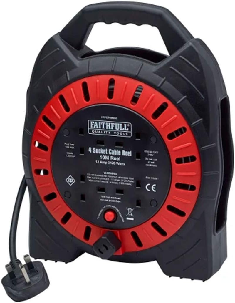 Faithfull FPPCR10MSE Enclose Cable Reel 10M 13Amp 240V 4 sockets, Red/Black, 10 m 13A