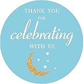 Blue Thank You Moon Stickers, boy Baby Shower or Birthday Party Favors Sticker Labels, 2 inch, 40-Pack
