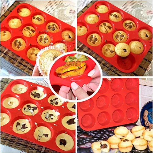 Silicone Muffin Pan Silicone Cupcake Baking Cups, 12 Non Stick Silicone Molds for Muffin Tins| Easy Clean |BPA Free| Mini Cupcake Pan (Red)