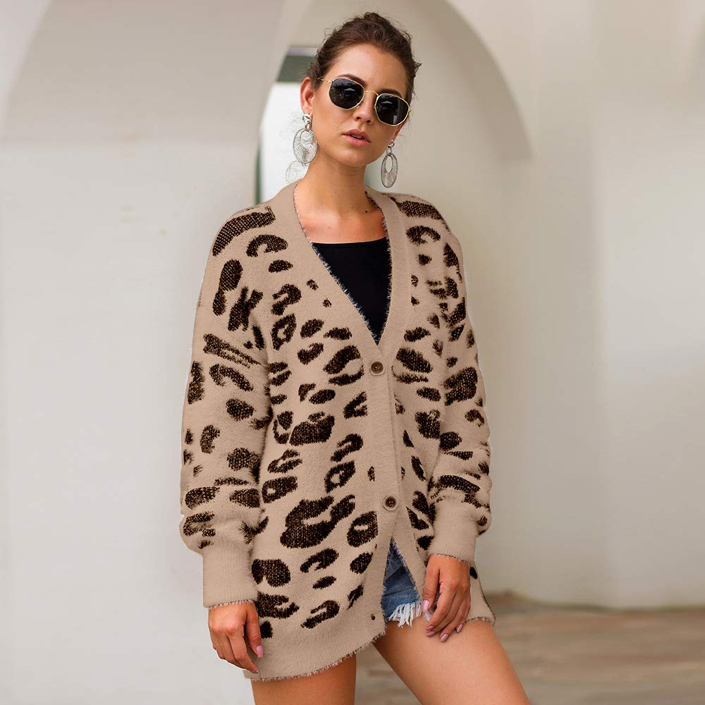 Women Cardigan Leopard Fashion Print Button Down Long Sleeve Soft Loose Knit Sweater Coat Fall Winter Outwear (M, Khaki)