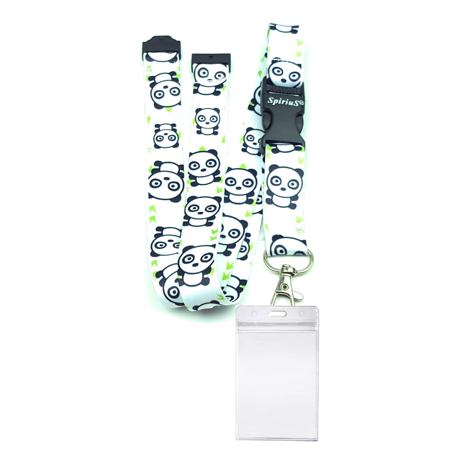 SpiriuS Lanyard Neck Strap with Metal Clip & Safe Zip-Lock Waterproof Id Badge Card Holder (Panda in White)