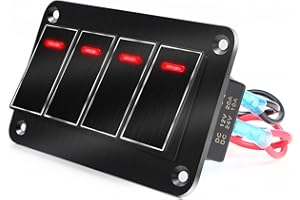 XHTECHNOLOGY Rocker Switch Panel – 4 Gang Aluminum Toggle Switch Panel, 12V/24V Switch Panel, 3 Pin On-Off Car Switches, Red LED Switch Panel for Automotive Car Truck Motorcycle Jeeps RV UTV
