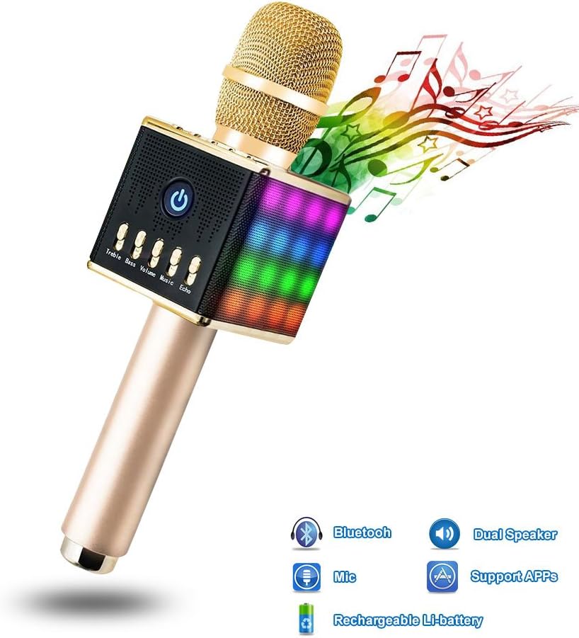 Apestool Wireless Microphone Karaoke, Handheld Bluetooth Speaker, Built-in Battery and Dual Speakers with LED Light for Party/KTV- Gold