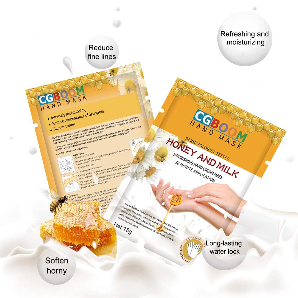 CGBOOM 5 Pairs Hand Masks Moisturizing Gloves, Hand Skin Repair Renew Mask Infused Collagen, Vitamins + Natural Plant Extracts for Dry, Aging, Cracked Hands (Honey and Milk)