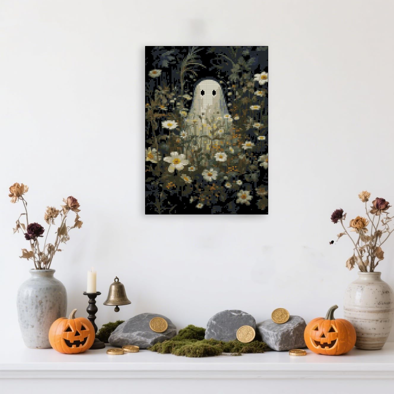Ghost Stamped Cross Stitch Kits for Beginner, Halloween Needlepoint Counted Cross Stitch Embroidery Kits for Adults, 11CT Daisy Flowers Dimensions Counted Cross-Stitch Patterns Arts Craft Kits