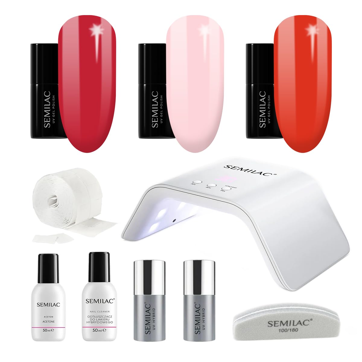Semilac Try Me Gel Nail Starter Kit, Nail Set For Beginners - 3 x UV Gel Colours 7ml, UV/LED Lamp, Top & Base Coat 7ml, Tools & More For Perfect Manicure Tools & More - 062 Poppy Red — image 1