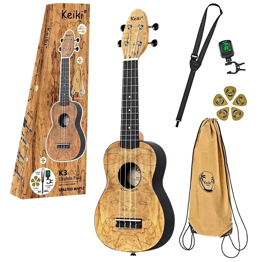Ortega Guitars Soprano Ukulele Lefthanded – Acoustic – Keiki K3 Series – Including Accessories – Spalted Maple, ABS, Natural (K3-SPM-L)