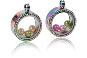Africanbeads 2PCS 30MM Floating Charm Locket Necklace with 6 Freshwater Pearls,316L Stainless Steel Clear Glass Locket,Small Waterproof Living Memory Pendant for Women(Without Chain)