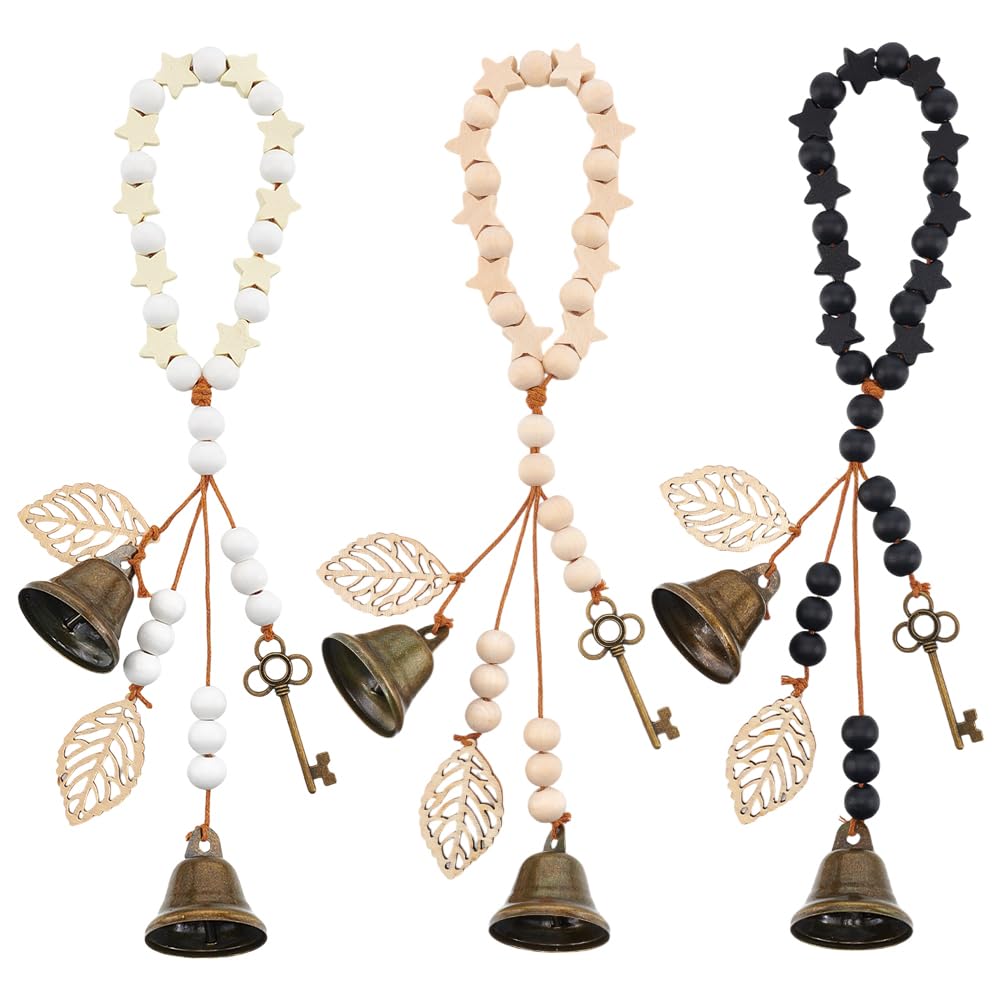 OLYCRAFT 3Pcs 30cm Witch Bells for Door Knob Witchcraft Bells with Wood Beads Leaf Pagan Bell Decor Antique Magic Keys Star Wood Beads Hanger Witch Bells for Witchy Room Home Decor Witch Supplies