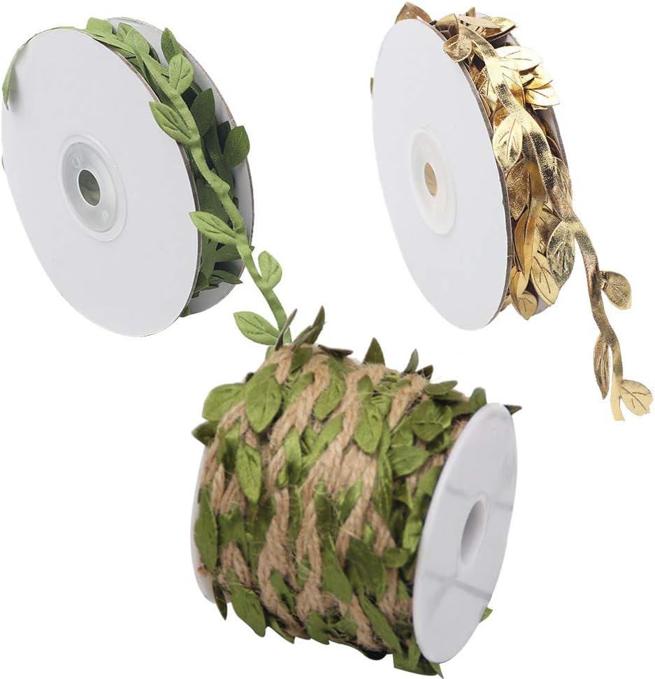 3 Rolls Artificial Leaf Ribbon - Olive Green/Gold Fabric Leaf Vine Trim Rope - 10 Yard/Roll - for DIY,Wreath Garland Making,Crafts Accessory,Ribbon Party,Gift Wrap Package,Wedding Home Decoration
