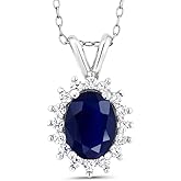 Gem Stone King Oval Halo Pendant Necklace for Women | 925 Sterling Silver | Gemstone Birthstone Pendant Necklace | Oval 8X6MM | With 18 Inch Chain | Fine Jewelry Gifts for Her Mom Women Wife