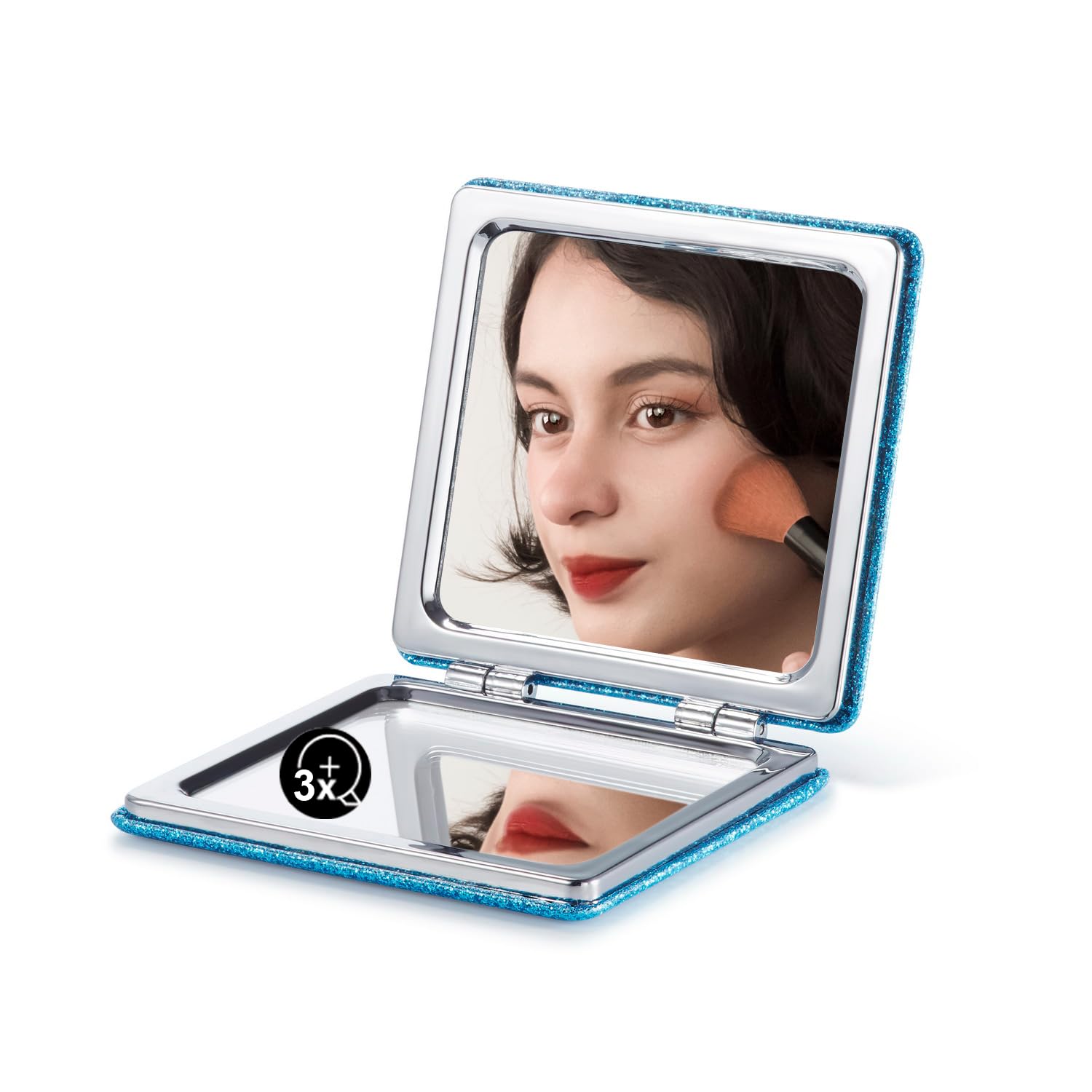 OMIRO Compact Mirror with 1x/3x Magnification, Square with PU Leather, Small Mirror for Purses, Daily Makeup (Glitter Blue)