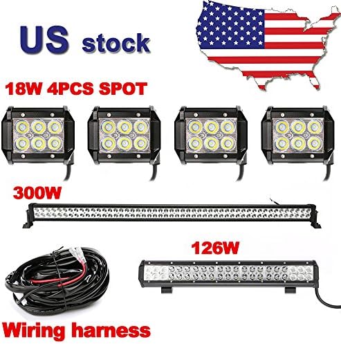 Primeprolight 52inch Led Work Light Bar 300W Spot Flood Combo Beam Light bar, 4inch 4pcs 18W Led Work Light &amp; 20inch 126W combo light bar &amp; Wirng Harness Kit For Off-Road SUV ATV Truck
