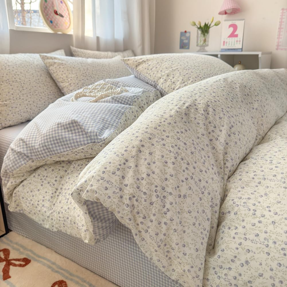Photo 1 of Nayoroom Blue Floral Gingham Duvet Cover Queen Size 100% Cotton Reversible Plaid Cottagecore Bedding 3 Pcs Soft Breathable Aesthetic Spring Comforter Cover Gift for Women Girls