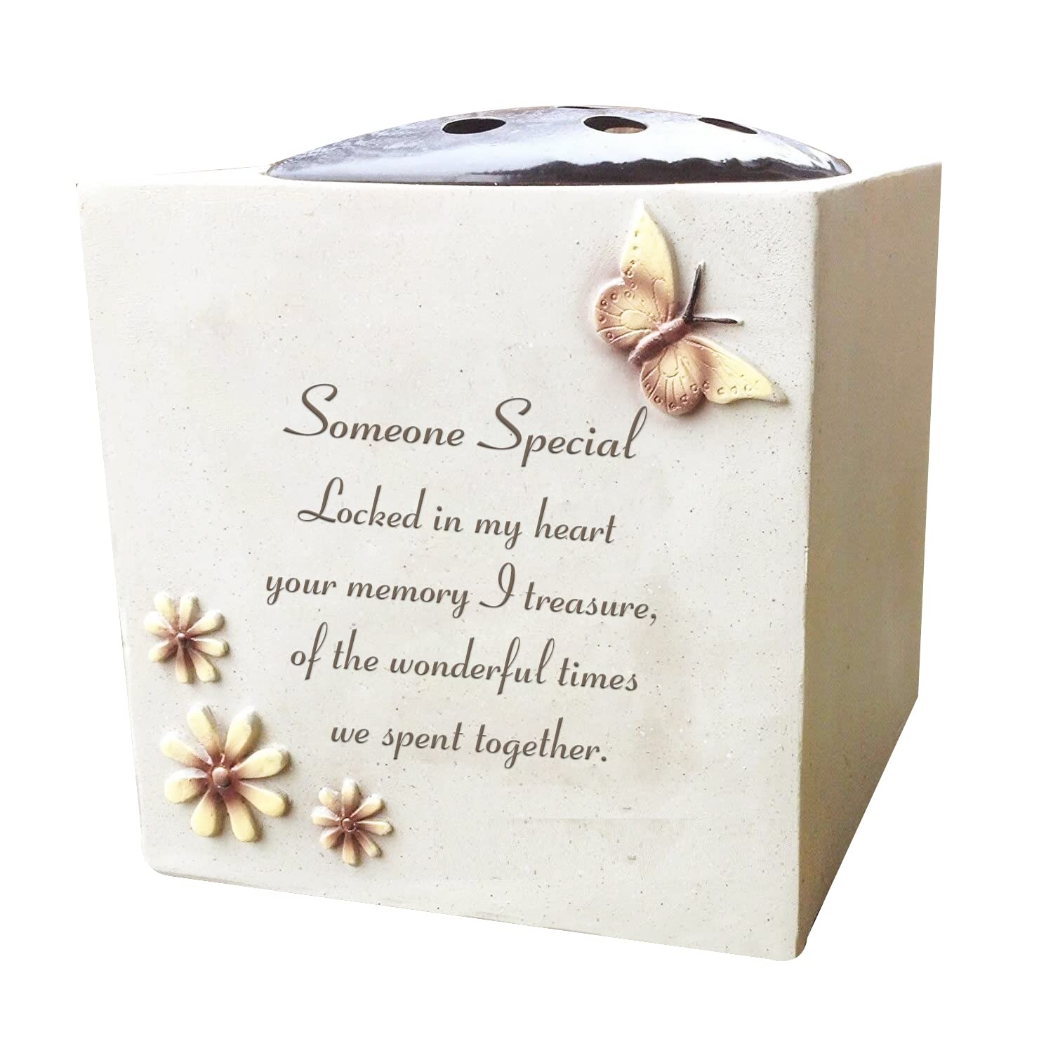 OnlineStreet Grave Vase Rose Bowl with Butterfly and Flowers - Memorial Flower Holders Ornament, Engraved with a Funeral Verse, Weatherproof-Grave Decor Ornament 14 x 15 cm (Someone Special) (13974)