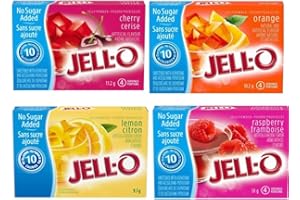 Variety Pack of 4 Sugar Free Jello, Lemon, Orange, Cherry and Raspberry 9.1g-11.2g