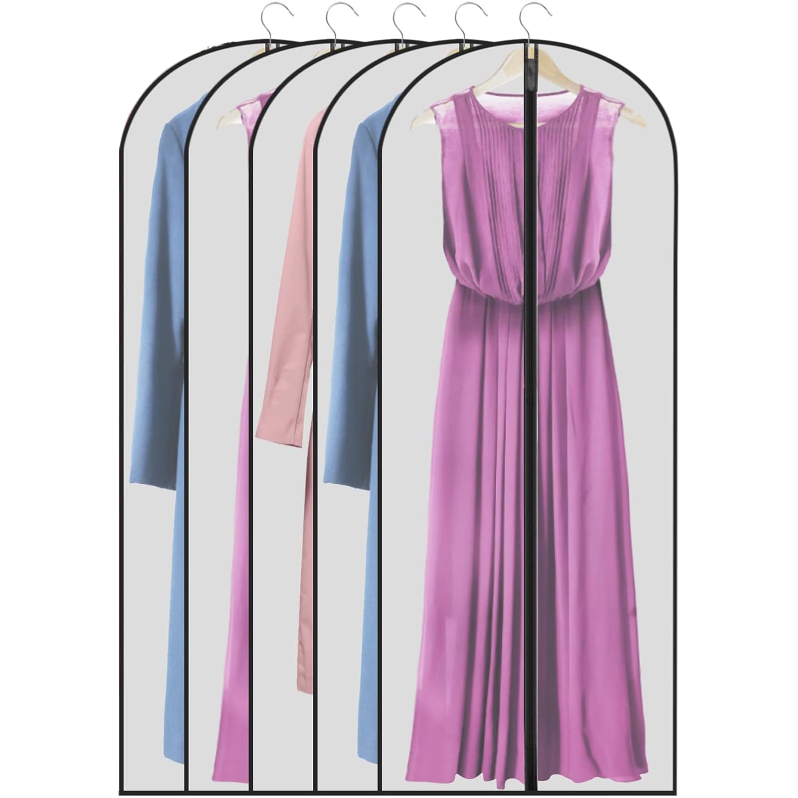 5 Pcs Dress Bags Covers Long, 125cm × 60cm Long Dress Bags Covers Dress Bag Translucent With Zip Waterproof Dustproof Dress Covers Garment Bags Full Length Clothes Covers Protector Bags