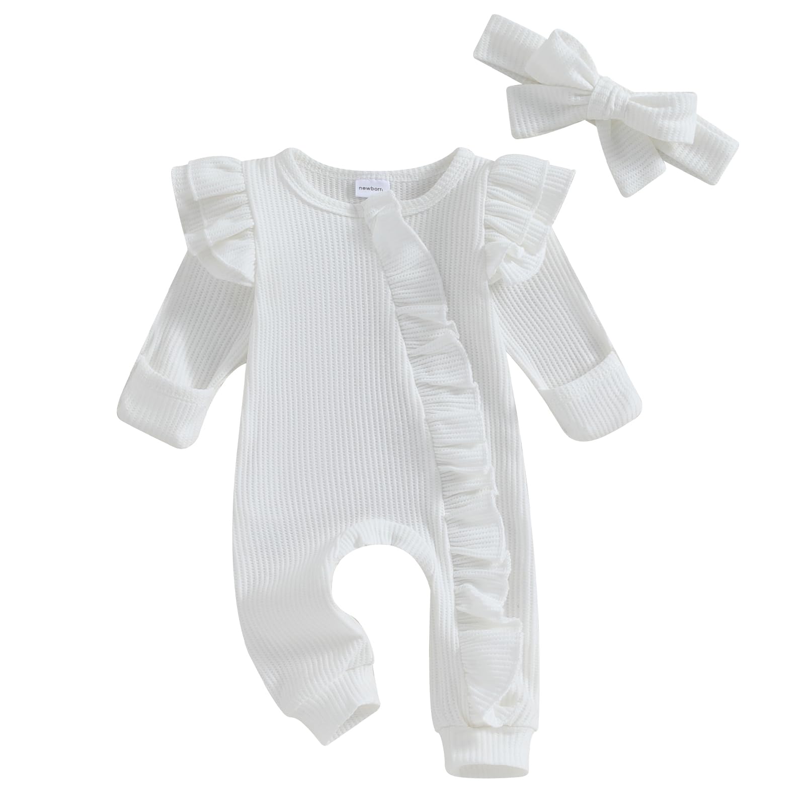 Photo 1 of Twopumpkin Newborn Baby Boy Girl Knit Jumpsuit Romper Coming Home Outfit Infant Fall Winter Spring Clothes with Hat (Ruffle Waffle Knit White)