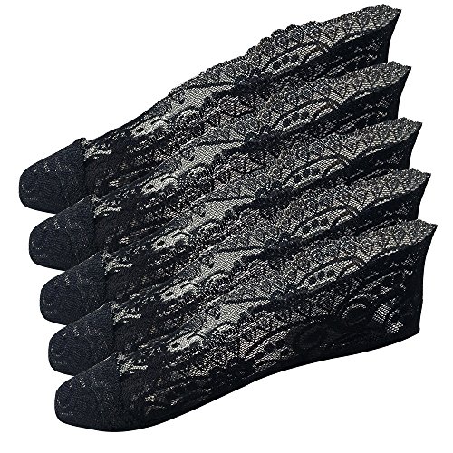 LA DEARCHUU Lace No Show Socks Ladies Non Slip Socks Footies Socks Women Invisible Socks for Ladies Pack 5 (Black)