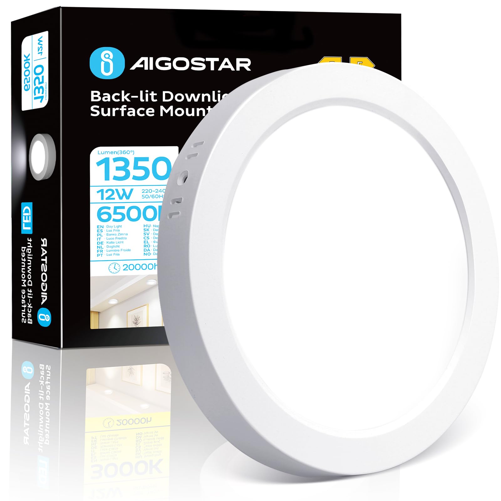 Aigostar 12W LED Ceiling Light Cool White 6500K Daylight, 1350LM Small Flush Mount Lamp,Bright Round Ceiling Light for Kitchen Office Garage Workshop, 91W Equivalent, Low Profile, Thin