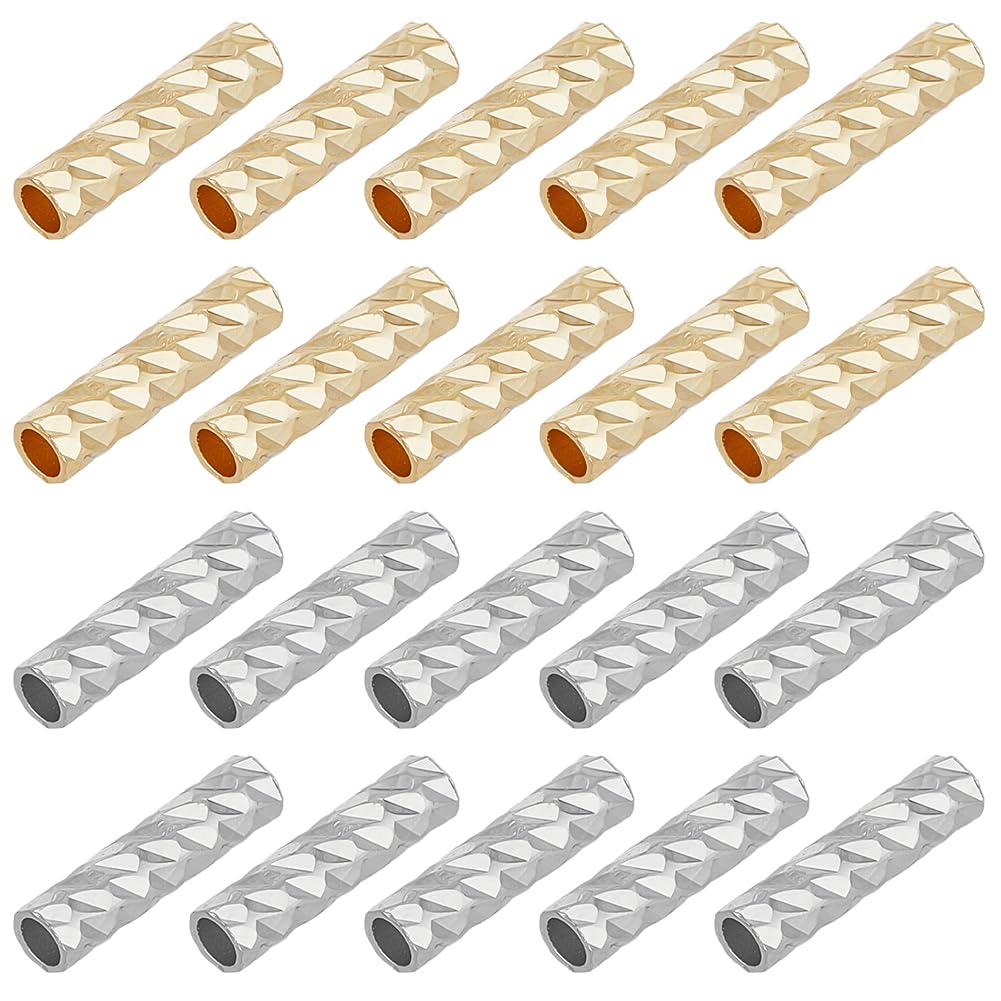 BENECREAT 100Pcs Golden & Silver Carved Noodle Tube Beads, Real 18K Gold Plated Tube Beads Straight Spacer Bead for DIY Craft Bracelet Necklace Jewelry Making, 10x2mm