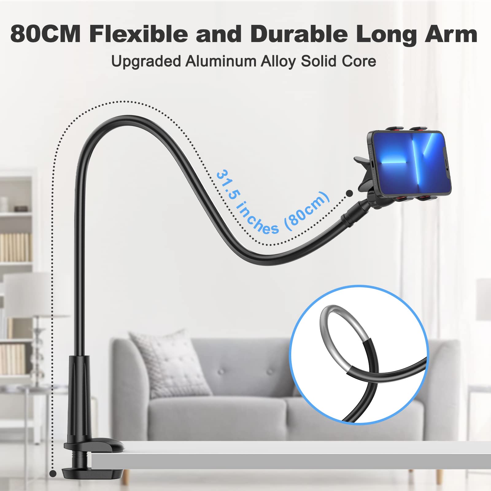 Gooseneck Cell Phone Holder, Universal 360 Flexible Phone Stand Lazy Bracket Mount Long Arms Clamp for Phone 13 Pro Xs Max XR X 8 7 6 6s Plus and Other 3.5~6.7'' Device (Black)…