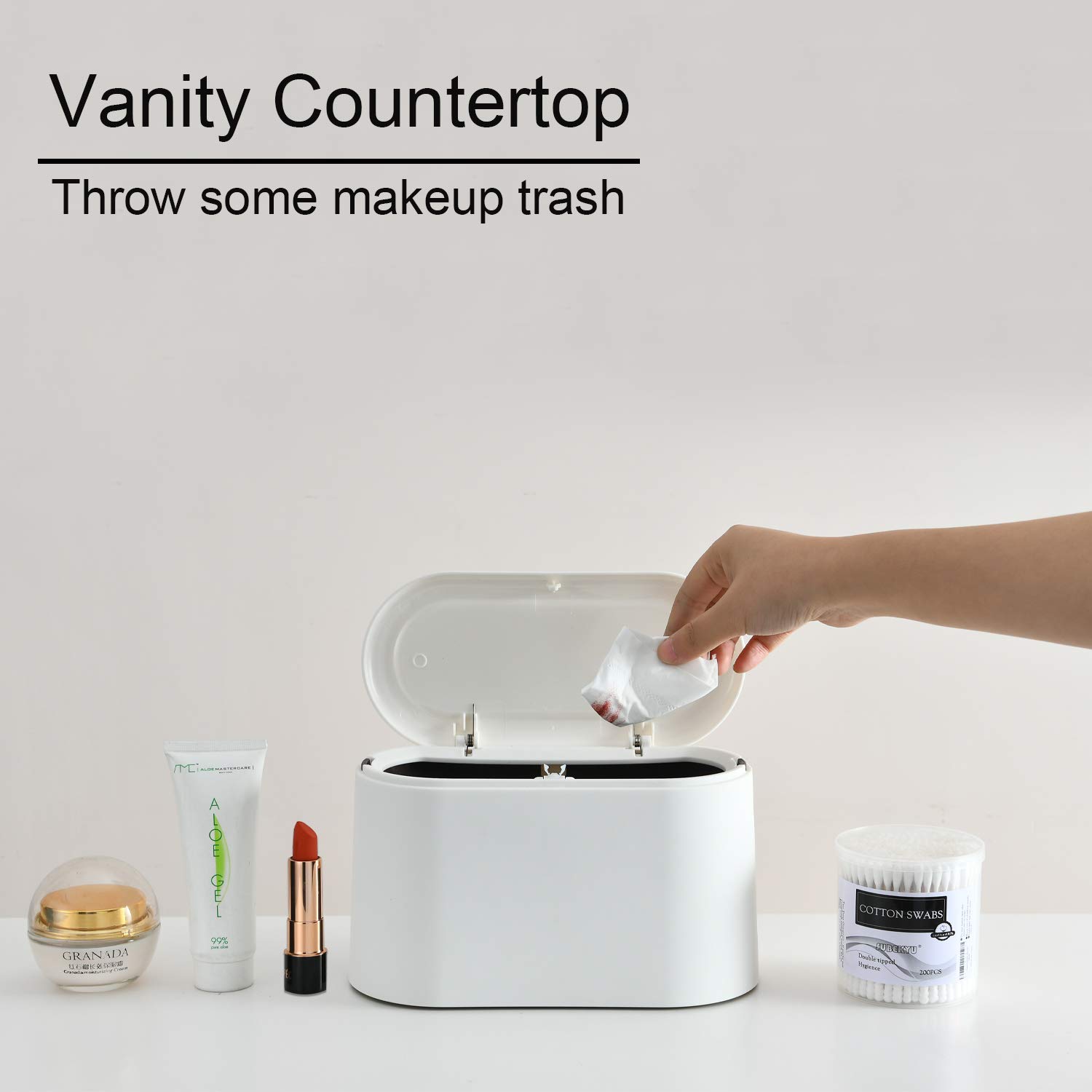SUBEKYU Mini Trash Can with Lid,Small Desk Trash Can,Countertop Mini Garbage Cans,Tiny Waste Basket,White,with 3 roll Bags