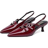 Susanny Burgundy Patent Slingback Kitten Heels for Women Closed Pointed Toe Strappy Dress Pumps Comfortable Stiletto Low Heels Sexy Buckle Strap Dressy Slip On Shoes for Wedding Bridal Work
