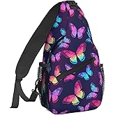 Famame Rainbow Butterflies On Blue Sling Backpack Chest Bag Crossbody Shoulder Bag Gym Cycling Travel Hiking Daypack For Men Women