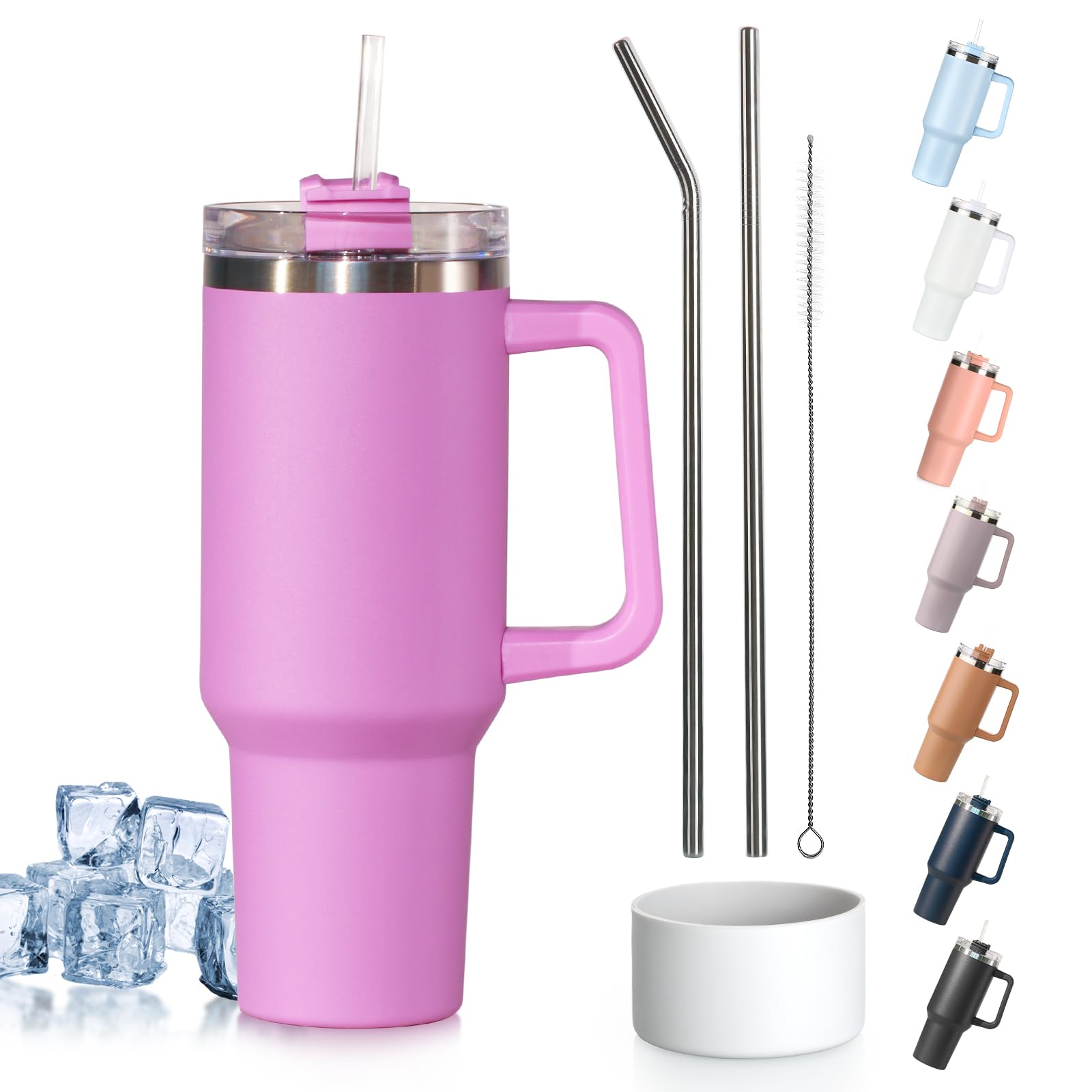 Tuocal 40oz Tumbler with Handle and Straw + 2 Stainless Steel Straws + Silicone Boot, 1180 ml Double Wall Vacuum Insulated Cup, Car Coffee Mug, Travel Water Bottle for Hot Iced Coffee, Purple