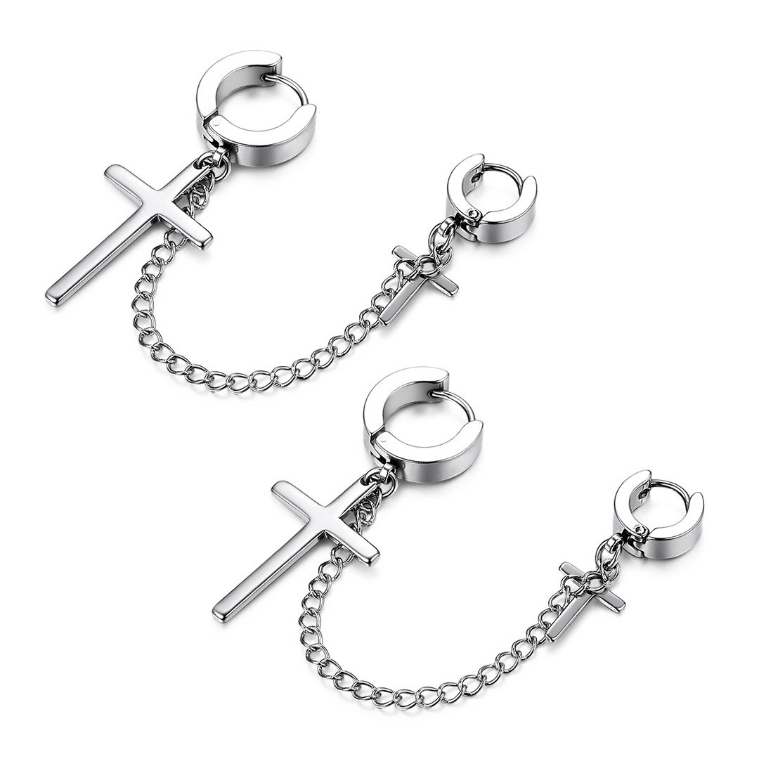 JewelryWe Stainless Steel Cross Double Cartilage Chain Huggie Hoop Earrings 2 pcs Colour Silver (with Gift Bag)
