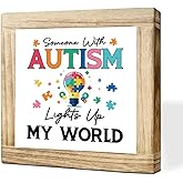 Wood Sign Someone With Autism Lights Up My World Signs Handmade Solid Wooden Plaque Autism Awareness Signs ASD Acceptance Decor Rustic Wood Sign For Home Desk Or Wall ASD Support Gift 5.9x5.9 Inch
