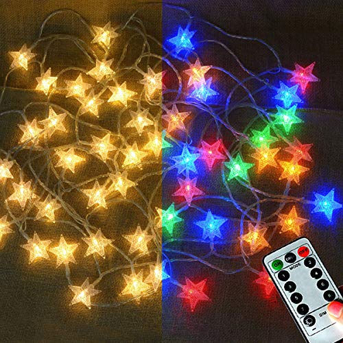 LAMPDREAM 33Ft/50LEDs Star Fairy Lights Battery Operated, 8 Molds Warm White Multi-Color LED String Lights with Remote for Christmas, Wedding, Birthday, Halloween, Mother Day