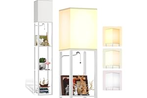 PAZZO Floor Lamp with Shelves by Solid Wood, Modern Shelf Floor Lamp with 3 Color Temperature, Linen Lampshade and Storage Shelves for Living Room, Bedroom, Bulb Included(White)