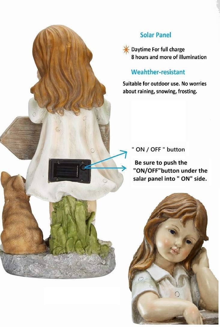 Outdoor Girl Garden Statue with Solar LED Lights, Children with Cat Statue Welcome Sign Garden Statues for Home Decor, Great for Porch, Patio, Yard Art Decorations, Cat Memorial Statues, Polyresin: Home Improvement