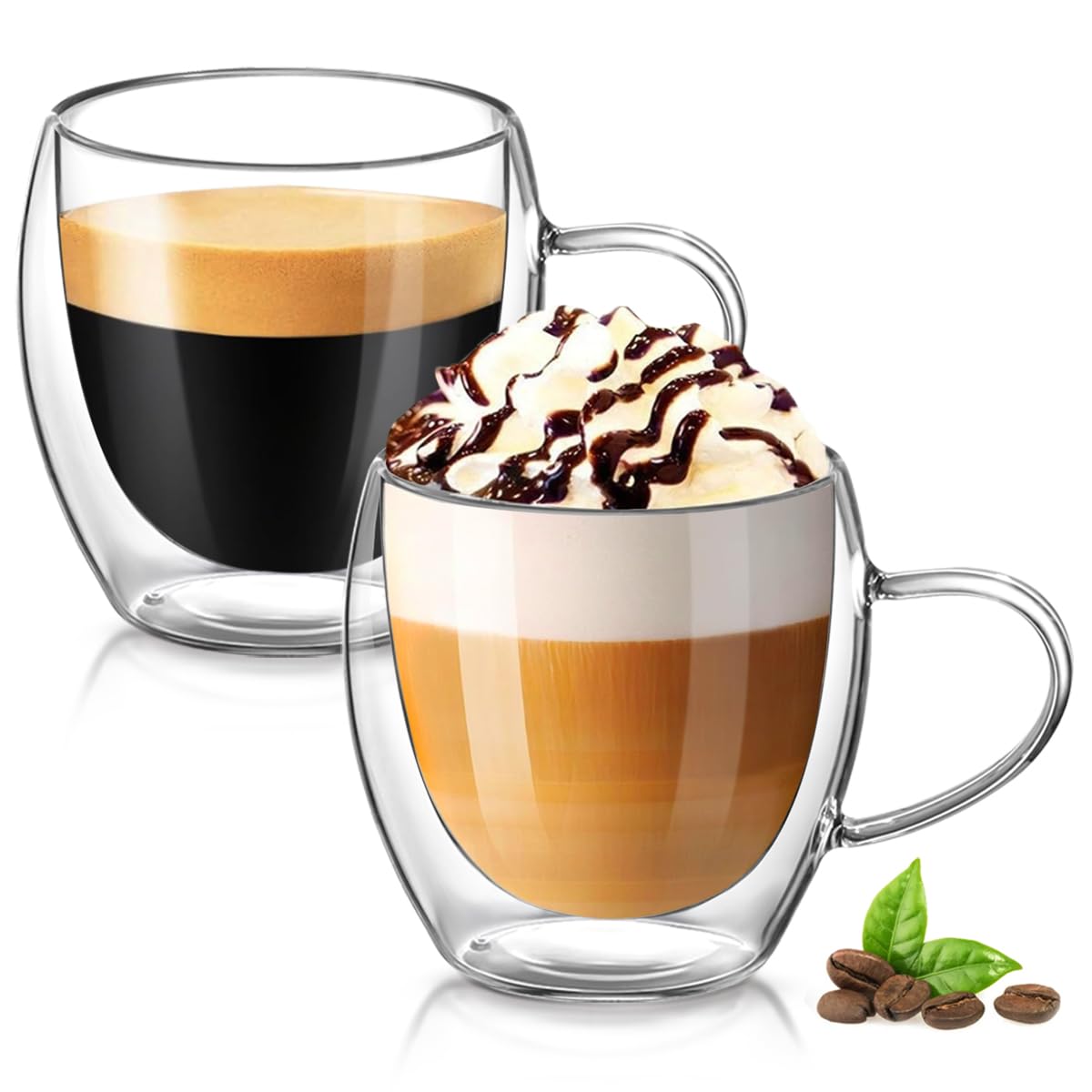Osrioal Double Walled Glass Mugs, 2 x 250ml Glass Coffee Mugs, Heat Resistant Coffee Cups, Clear Coffee Glasses with Handle for Cappuccino Tea Milk Latte Juice