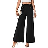 LYANER Women's Casual Wide Leg Pants High Waist Elastic Side Zipped Palazzo Business Trousers with Button Decorated