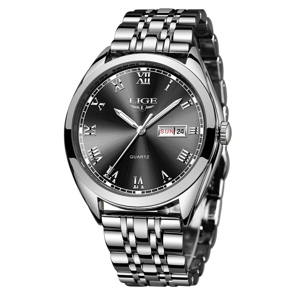 LIGE Men's Watch Elegant Unique Waterproof Stainless Steel Analog Quartz Watch Male Fashion Sports Silver Gents Wristwatch