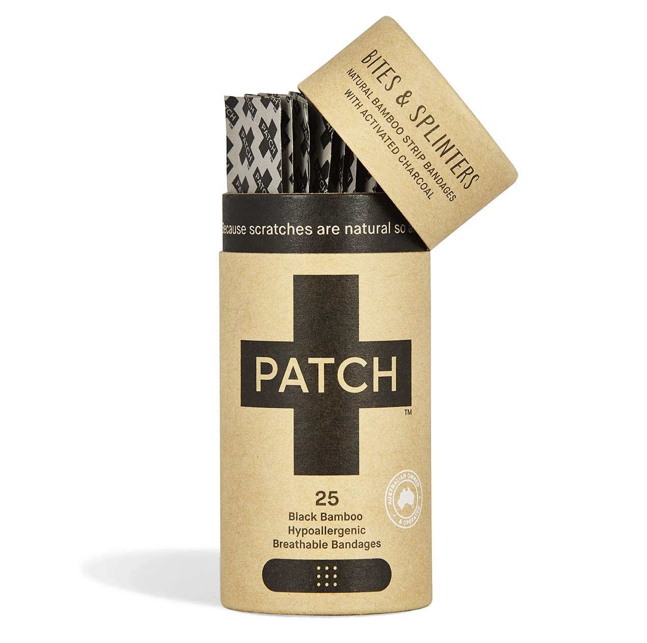 PATCH Bamboo Plasters for Bites & Splinters Hypoallergenic Wound Care for Sensitive Skin, Latex Free, Activated Charcoal, 25pcs