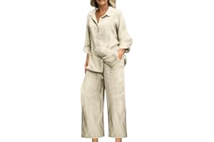 Womens 2 Piece Outfits Casual Cotton Linen Lounge Sets Long Sleeve Tops Wide Leg Long Pants Tracksuit with Pocket