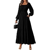 KIRUNDO Casual Fall Dresses for Women 2026 Flowy Long Sleeve Maxi Dress Smocked Empire Waist Square Neck Wedding Party