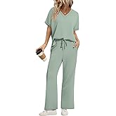 Sampeel Lounge Sets for Women V Neck Turn-UP Sleeves Tops Wide Leg Pants 2 Piece Sets Oversized Summer Vacation Outfits 2026