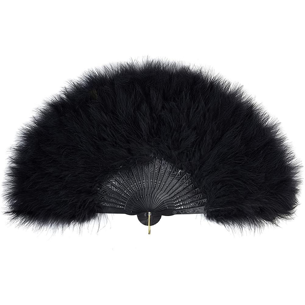 Leemiman 1920s Marabou Feather Fan - Flapper Folding Hand Fan for Wedding Party Dance (Black)