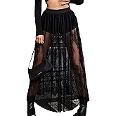 Sewius Women's Sheer Lace Maxi Skirt High Waist Sheer Mesh A Line Flowy Long Skirt