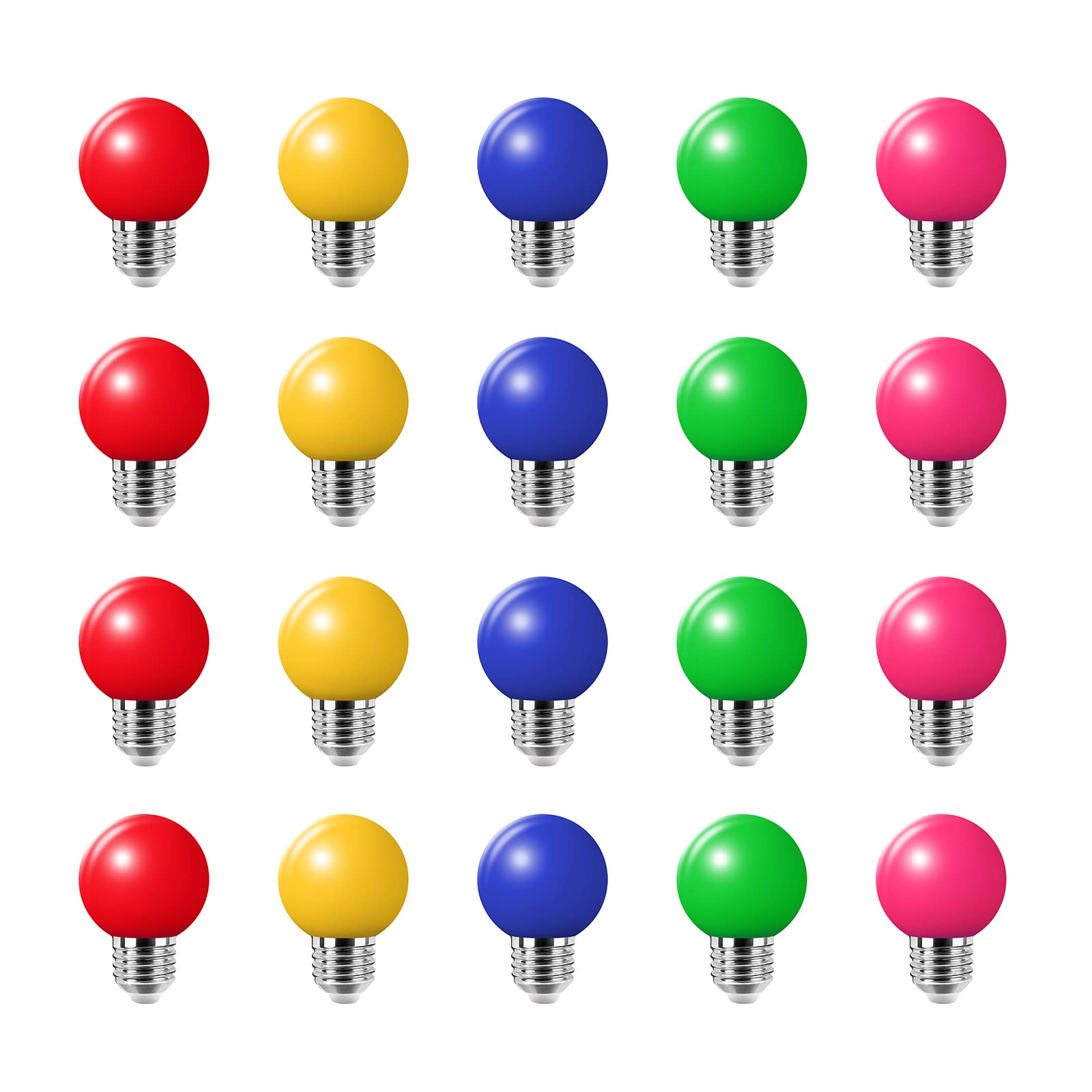 Jiotouhu E27 LED Coloured Light Bulb, 180-degree Illumination, 2W Equivalent to 20W, AC220-240V, Non-dimmable, Red, Yellow, Blue, Green, Pink, Multiple Colours, 20-Pack