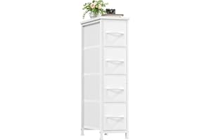Somdot Narrow Dresser with 4 Drawers, Slim Storage Organizer Chest of Drawers with Removable Fabric Drawers for Small Spaces Bathroom Closet Bedroom Laundry, White Leather