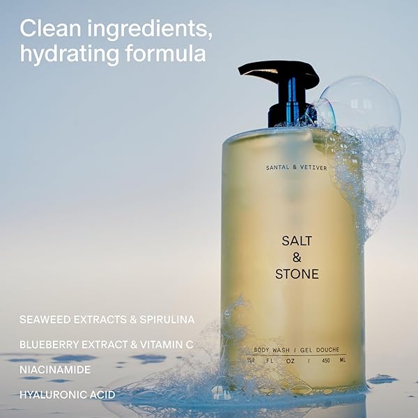 SALT & STONE ANTIOXIDANT-RICH BODY WASH – SANTAL & VETIVER | CLEANSE, NOURISH & SOFTEN SKIN WITH NIACINAMIDE & HYALURONIC ACID | FREE FROM PARABENS, SULFATES & PHTHALATES (15.2 FL OZ)