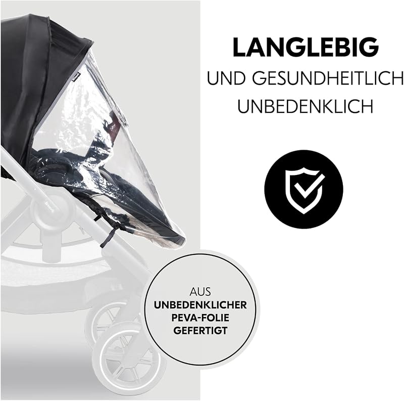 Universal Kinderwagen Regenschutz 91 x 92 x 85 cm mit Reflektierender Umrandung, Kontakt & Belüftungs Fenster, Einfache Klettverschluss Befestigung am Kinderbuggy Sitz (Transparent)