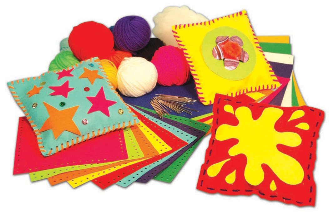 Springboard Felt Cushions Sewing Kits for Children - Make Your Own 3D Felt Fabric Padded Squares - w/ Precut Binca - Kids Sewing Kit for Beginners, Boys and Girls - 20-Pack - 15 x 15cm - Assorted