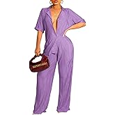 Ekaliy Women's 2 Piece Casual Pleated Outfits Short Sleeve Button Down Shirt High Waist Wide Leg Trouser Sets Suit